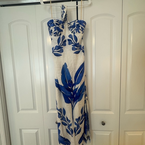 FARM Rio Dresses & Skirts - FARM Rio White Maxi Dress with Bold Blue Leaf Print